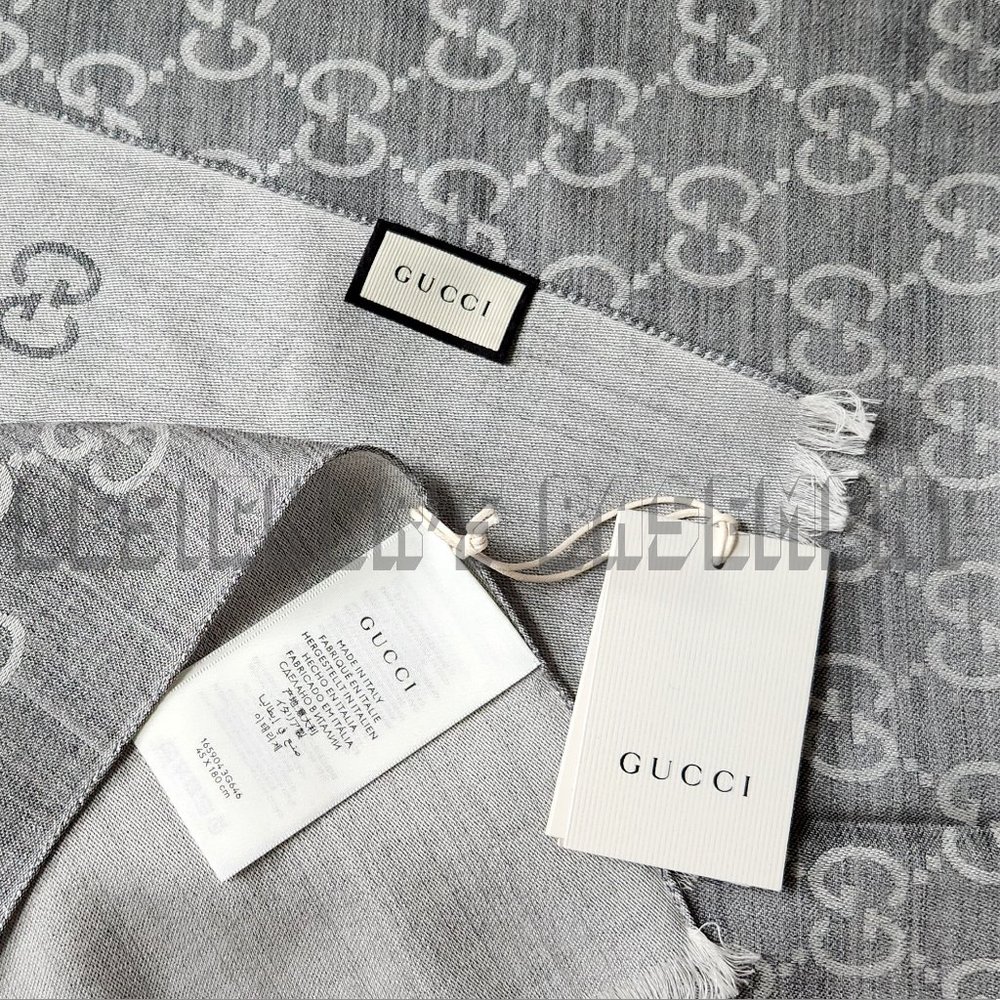 GUCCI light & Heather Gray GGNAT wool & silk 18x70" shawl Pashmina scarf NWT - Picture 7 of 10